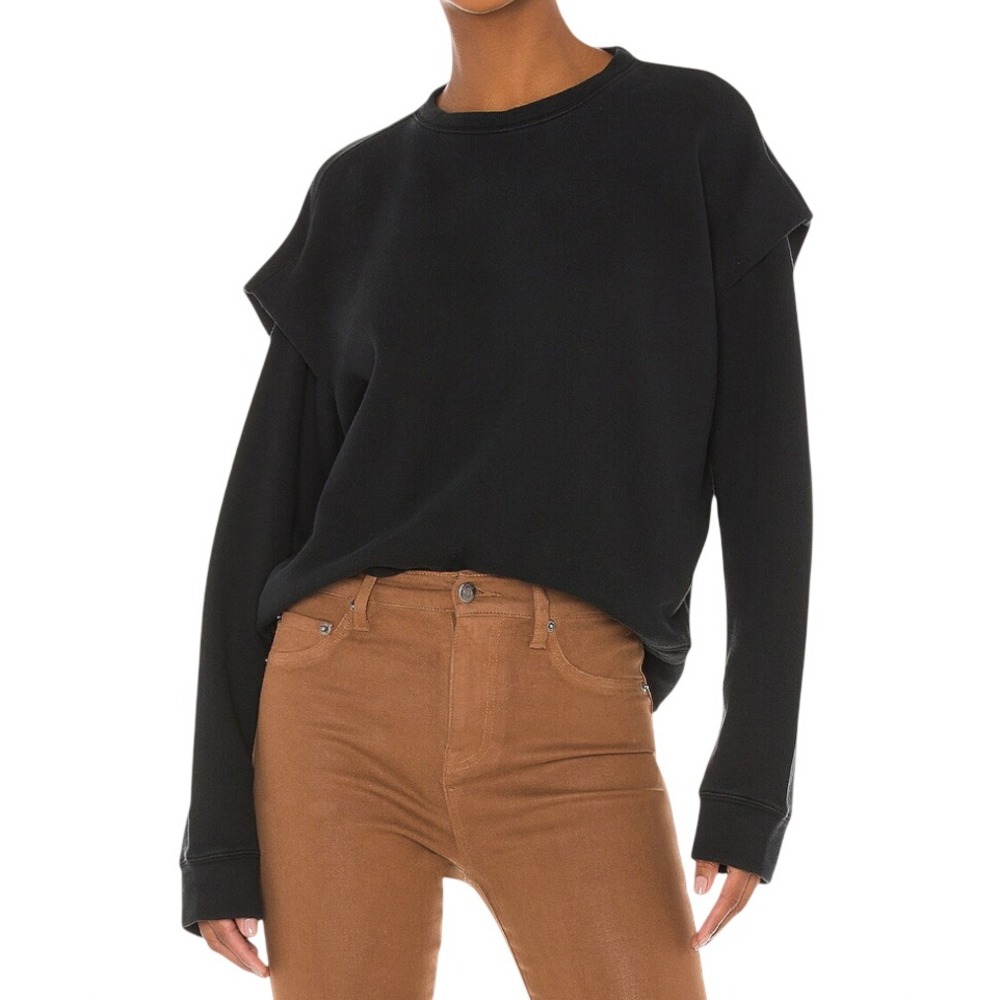 PISTOLA Lenora Flange BLACK KNIT SWEATSHIRT TOP Pleated Shoulder French Terry XS
